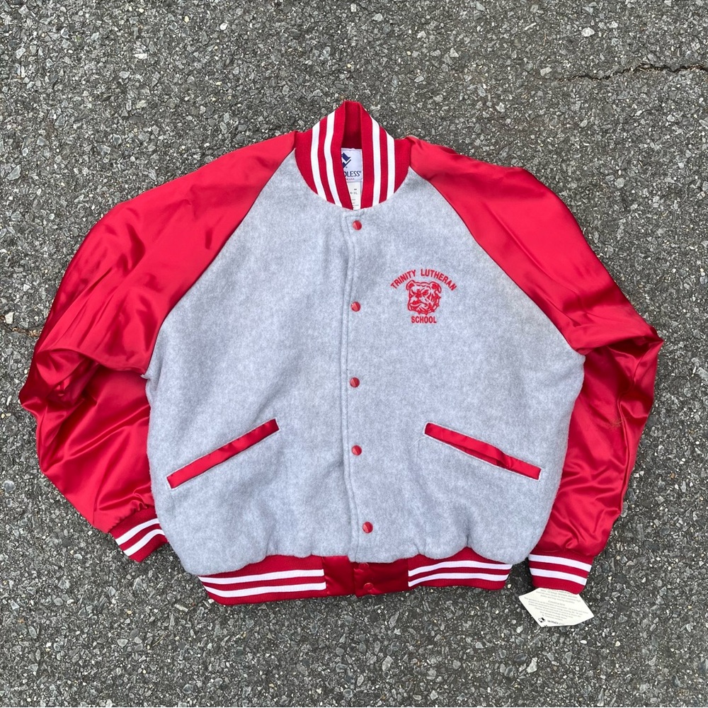 Vtg 90s Streetwear Mens L Fleece Satin Bomber Jacket USA Trinity Bulldogs
